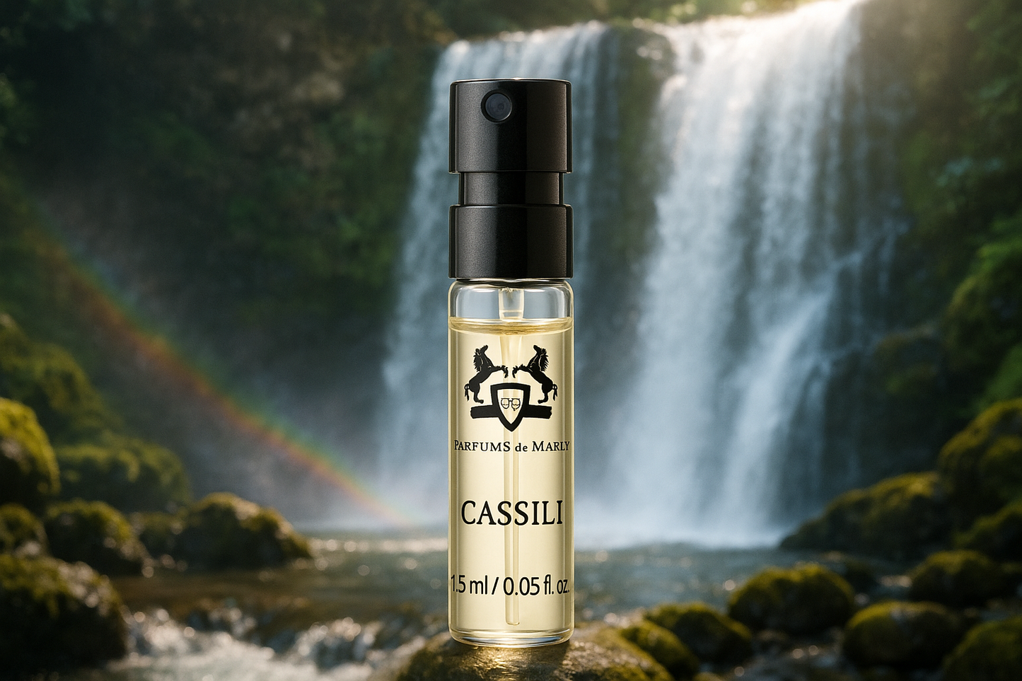 Επίσημο δείγμα αρώματος Parfums de Marly Cassili 1,5ml 0,05 fl.oz., δοκιμαστικό άρωμα, καταρράκτης στο φόντο