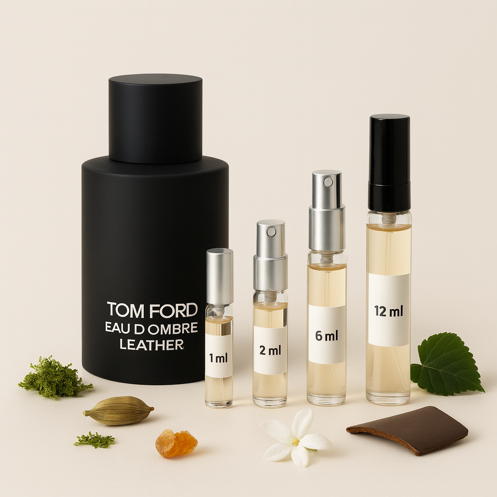 Μπουκάλι Tom Ford Eau d’Ombre Leather με δοκιμαστικά φιαλίδια 1 ml, 2 ml, 6 ml και 12 ml σε ανοιχτό φόντο με πινελιές καρδάμου, γιασεμιού, κεχριμπαριού, βρύων και δέρματος