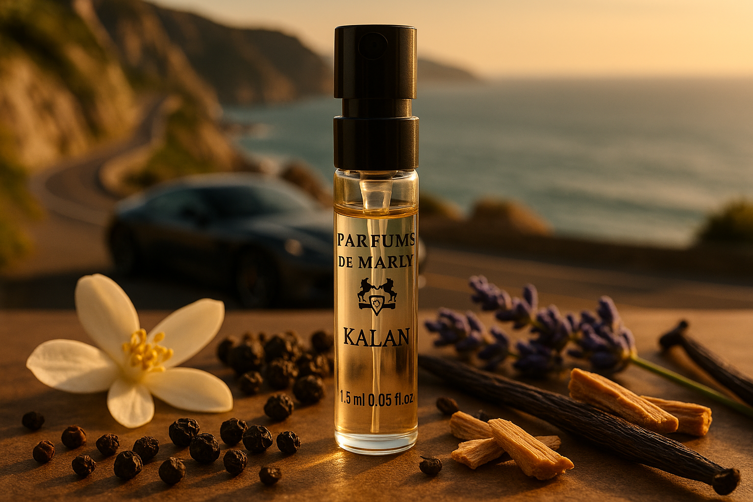 Επίσημο δείγμα αρώματος Parfums De Marly Kalan 1,5ml 0,05 fl. oz., δοκιμαστής αρώματος, στο φόντο υπάρχει πολυτελές αυτοκίνητο στην παραθαλάσσια ακτή, το δείγμα περιβάλλεται από νότες αρώματος του αρώματος Kalan.