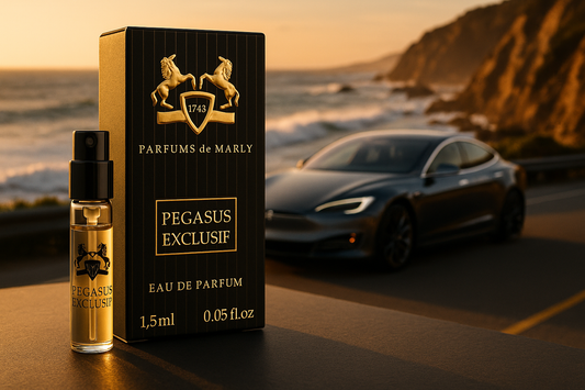 Parfums De Marly Pegasus Exclusif επίσημο δείγμα αρώματος 1,5ml 0,05 fl. oz. δοκιμαστικό άρωμα, στο φόντο πολυτελές ηλεκτρικό αυτοκίνητο στην ακτή