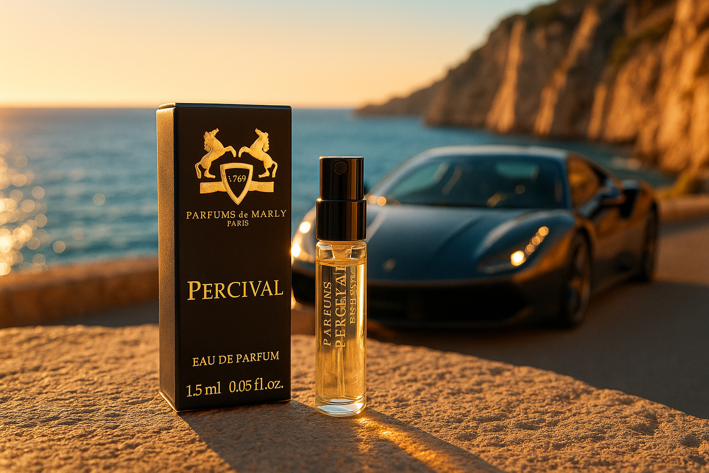 Επίσημο δείγμα αρώματος Parfums De Marly Percival 1,5ml 0,05 fl. oz., δοκιμαστικό άρωμα, πολυτελές αυτοκίνητο πίσω του στην παραλία της θάλασσας