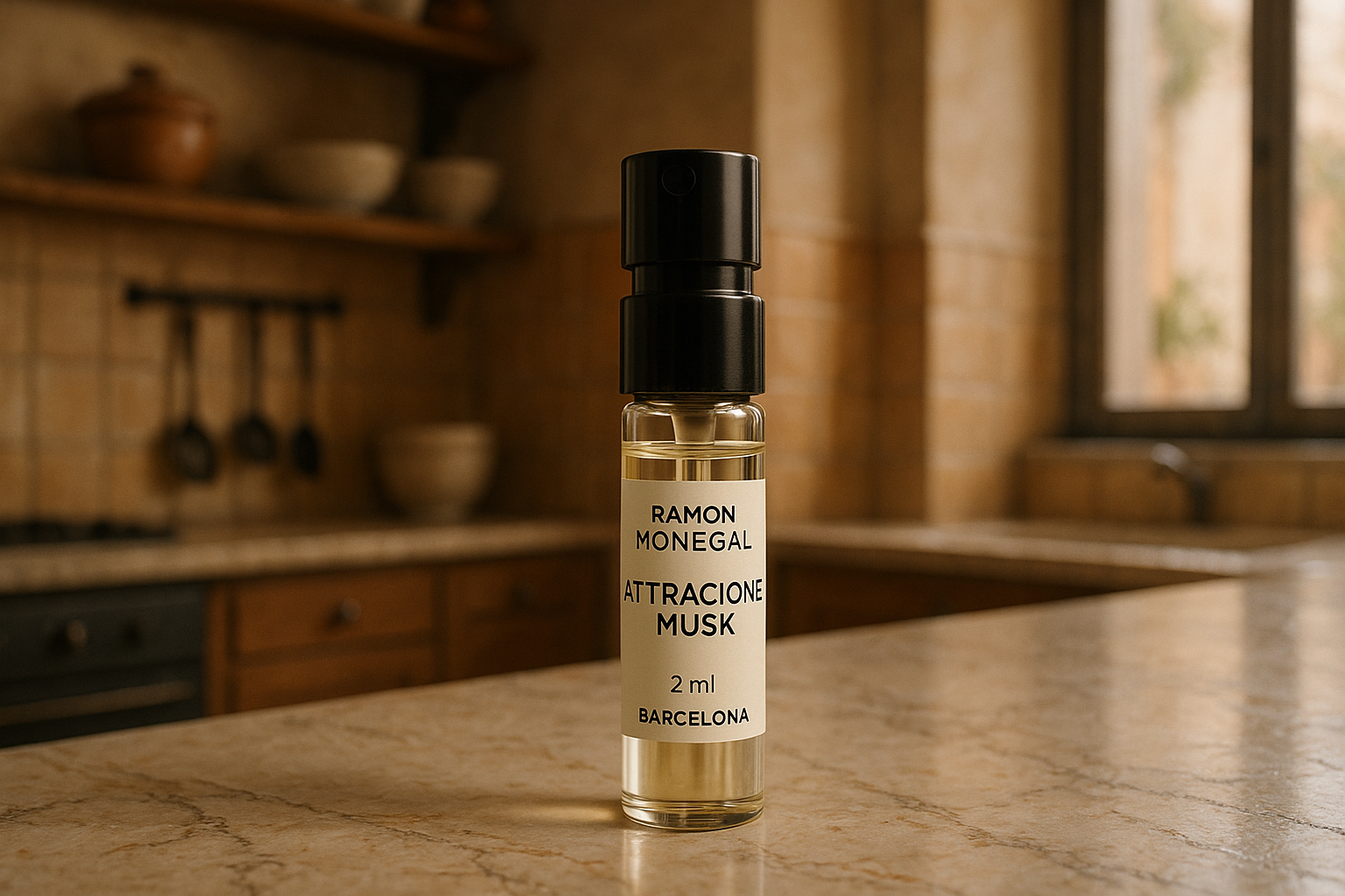 Επίσημο δείγμα αρώματος Ramon Monegal Atractone Musk 2ml 0,06 fl.oz., δοκιμαστής αρώματος, ιταλικό στυλ, κουζίνα με σκιά