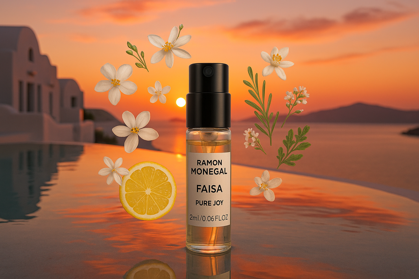 Ramon Monegal Faisa Pure Joy επίσημο δείγμα αρώματος 2ml 0,06 fl.o.z. δοκιμαστικό άρωμα, στο φόντο ηλιοβασίλεμα στην πισίνα της Σαντορίνης, το δείγμα περιτριγυρισμένο από νότες αρώματος Faisa Pure Joy