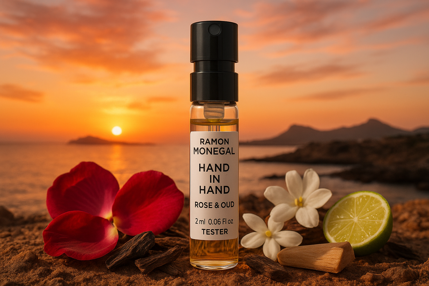 Ramon Monegal Χέρι με Χέρι Rose & Oud επίσημο δείγμα αρώματος 2ml 0.06 fl.o.z. δοκιμαστής αρώματος, στο φόντο ηλιοβασίλεμα στην Isla Plana Ισπανία, το δείγμα περιβάλλεται από νότες αρώματος Hand in Hand Rose & Oud