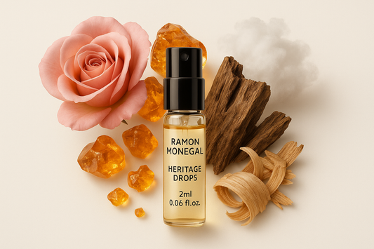 Επίσημο δείγμα αρώματος Ramon Monegal Heritage Drops 2ml 0,06 fl.oz. μπουκαλάκι δοκιμής αρώματος περιτριγυρισμένο από νότες αρώματος Heritage Drops