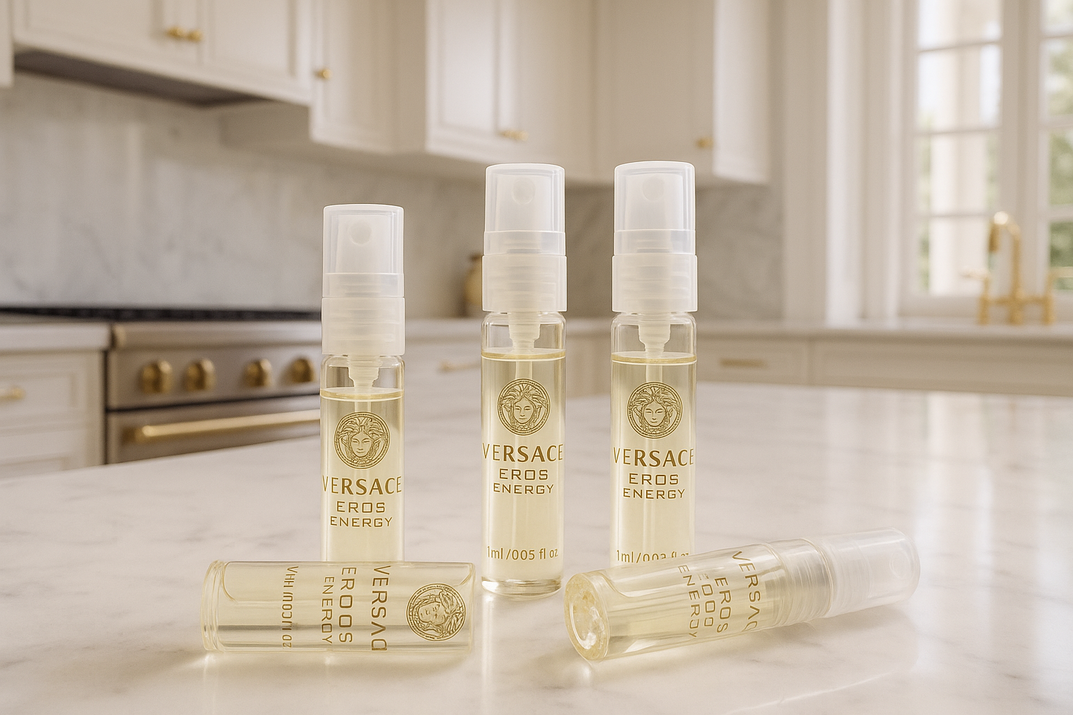 Δείγματα αρώματος Versace Eros Energy σε υπερπολυτελή λευκή ιταλική κουζίνα